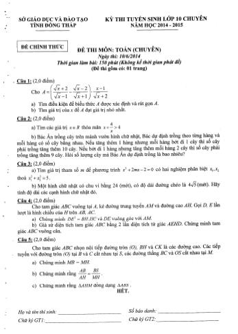 Kỳ thi tuyển sinh Lớp 10 môn Toán (Chuyên) - Sở GD&ĐT Đồng Tháp (Có hướng dẫn chấm)