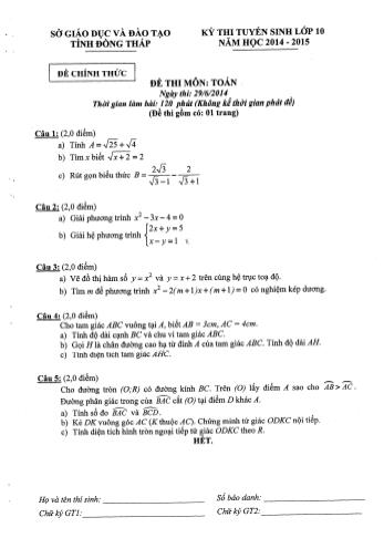 Kỳ thi tuyển sinh Lớp 10 môn Toán - Sở GD&ĐT Đồng Tháp (Có hướng dẫn chấm)