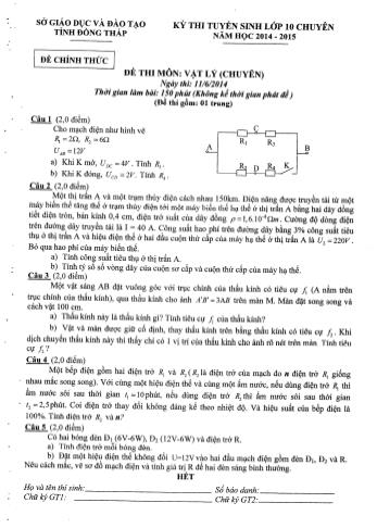 Kỳ thi tuyển sinh Lớp 10 môn Vật lí (Chuyên) - Sở GD&ĐT Đồng Tháp (Có hướng dẫn chấm)