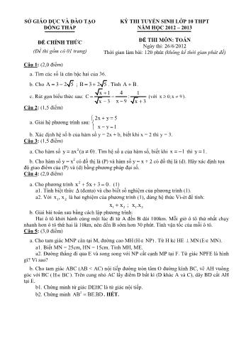 Kỳ thi tuyển sinh Lớp 10 THPT môn Toán - Sở GD&ĐT Đồng Tháp (Có đáp án)
