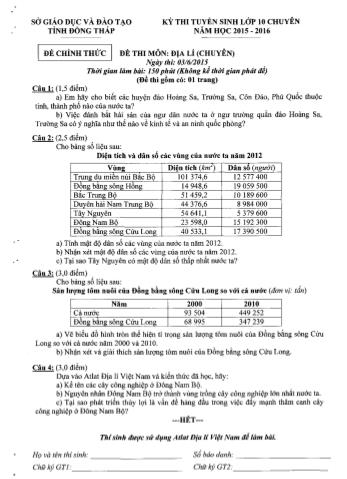 Kỳ thi tuyển sinh vào Lớp 10 môn Địa lí (Chuyên) - Sở GD&ĐT Đồng Tháp (Có hướng dẫn chấm)