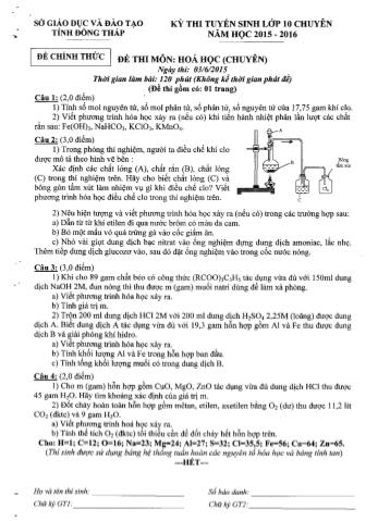 Kỳ thi tuyển sinh vào Lớp 10 môn Hóa học (Chuyên) - Sở GD&ĐT Đồng Tháp (Có hướng dẫn chấm)