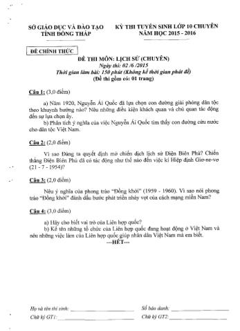 Kỳ thi tuyển sinh vào Lớp 10 môn Lịch sử (Chuyên) - Sở GD&ĐT Đồng Tháp (Có hướng dẫn chấm)