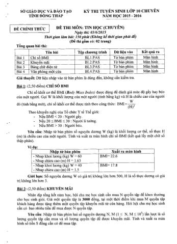 Kỳ thi tuyển sinh vào Lớp 10 môn Tin học (Chuyên) - Sở GD&ĐT Đồng Tháp (Có hướng dẫn chấm)