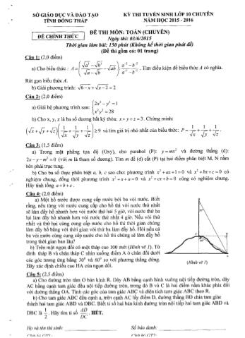Kỳ thi tuyển sinh vào Lớp 10 môn Toán (Chuyên) - Sở GD&ĐT Đồng Tháp (Có hướng dẫn chấm)