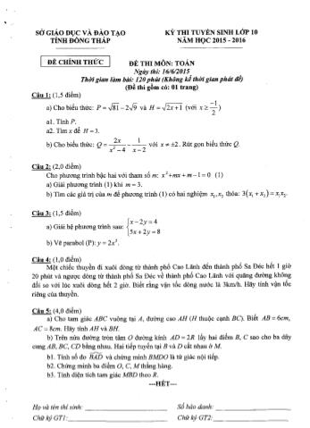 Kỳ thi tuyển sinh vào Lớp 10 môn Toán - Sở GD&ĐT Đồng Tháp (Có hướng dẫn chấm)