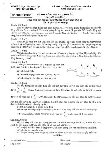 Kỳ thi tuyển sinh vào Lớp 10 môn Vật lí (Chuyên) - Sở GD&ĐT Đồng Tháp (Có hướng dẫn chấm)