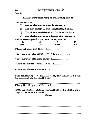 Ôn tập Toán và Tiếng Việt Lớp 4 - Bài số 7