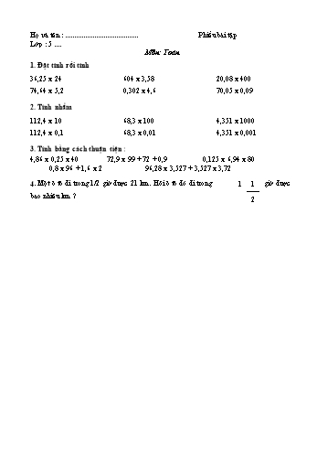 Phiếu bài tập môn Toán Lớp 5