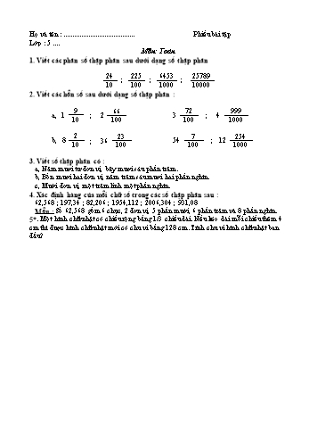 Phiếu bài tập Toán Lớp 5