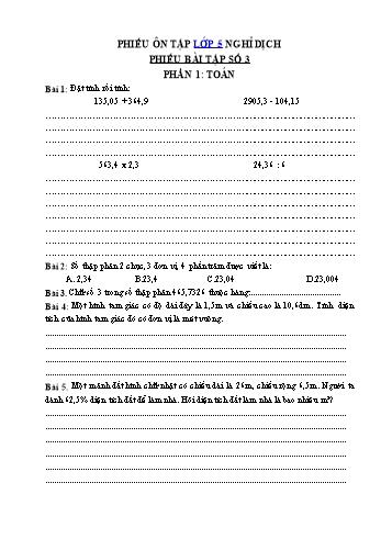 Phiếu ôn tập nghỉ dịch Toán Lớp 5 - Phiếu số 3