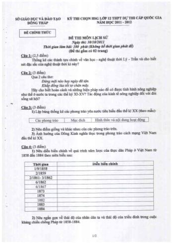 Kỳ thi chọn đội tuyển học sinh giỏi môn Lịch sử dự thi cấp Quốc gia - Sở GD&ĐT Đồng Tháp (Có đáp án)