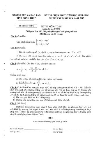 Kỳ thi chọn đội tuyển học sinh giỏi môn Toán dự thi cấp Quốc gia - Sở GD&ĐT Đồng Tháp (Có hướng dẫn chấm)