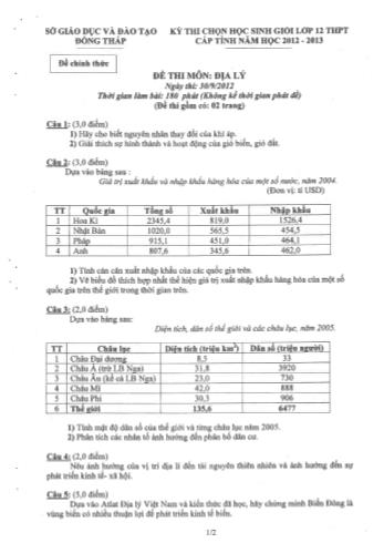 Kỳ thi chọn học sinh giỏi cấp tỉnh Khối 12 THPT môn Địa lí - Đề chính thức - Sở GD&ĐT Đồng Tháp (Có hướng dẫn chấm)