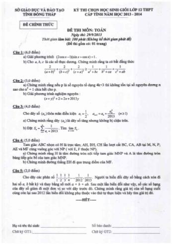 Kỳ thi chọn học sinh giỏi cấp tỉnh Khối 12 THPT môn Toán - Sở GD&ĐT Đồng Tháp (Có đáp án)