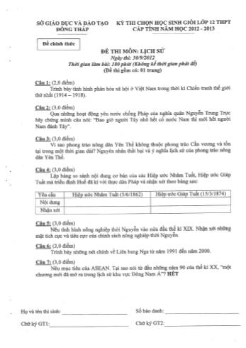 Kỳ thi chọn học sinh giỏi cấp tỉnh Lớp 12 THPT môn Lịch sử (Vòng 1) - Sở GD&ĐT Đồng Tháp (Có hướng dẫn chấm)