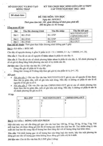 Kỳ thi chọn học sinh giỏi cấp tỉnh Lớp 12 THPT môn Tin học (Vòng 1) - Sở GD&ĐT Đồng Tháp (Có hướng dẫn chấm)