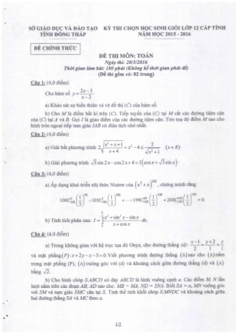 Kỳ thi chọn học sinh giỏi cấp tỉnh Lớp 12 THPT môn Toán - Sở GD&ĐT Đồng Tháp (Có hướng dẫn chấm)