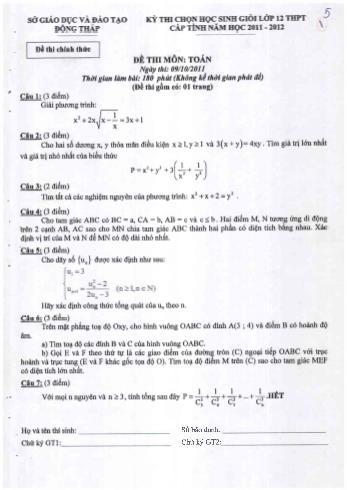 Kỳ thi chọn học sinh giỏi cấp tỉnh Lớp 12 THPT môn Toán (Vòng 1) - Sở GD&ĐT Đồng Tháp (Có hướng dẫn chấm)