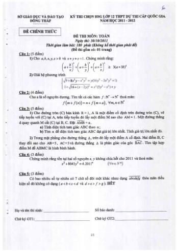 Kỳ thi chọn học sinh giỏi cấp tỉnh Lớp 12 THPT môn Toán (Vòng 2) - Sở GD&ĐT Đồng Tháp (Có hướng dẫn chấm)