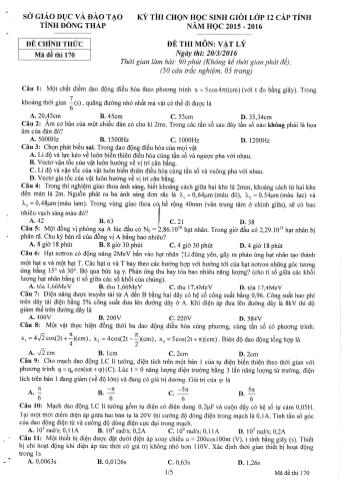 Kỳ thi chọn học sinh giỏi cấp tỉnh Lớp 12 THPT môn Vật lí - Sở GD&ĐT Đồng Tháp (Có đáp án)