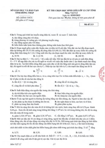 Kỳ thi chọn học sinh giỏi Lớp 12 cấp tỉnh môn Vật lí - Sở GD&ĐT Đồng Tháp (Có đáp án)