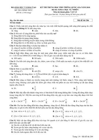 Kỳ thi THPT Quốc gia năm 2018 Khoa học tự nhiên - Phần: Vật lí - Mã đề: 206 (Có đáp án)