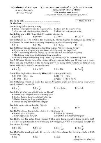 Kỳ thi THPT Quốc gia năm 2018 Khoa học tự nhiên - Phần: Vật lí - Mã đề: 210 (Có đáp án)