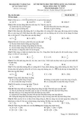 Kỳ thi THPT Quốc gia năm 2018 Khoa học tự nhiên - Phần: Vật lí - Mã đề: 202 (Có đáp án)