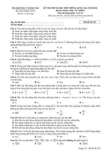 Kỳ thi THPT Quốc gia năm 2018 Khoa học tự nhiên - Phần: Vật lí - Mã đề: 223 (Có đáp án)