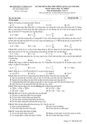 Kỳ thi THPT Quốc gia năm 2018 Khoa học tự nhiên - Phần: Vật lí - Mã đề: 208 (Có đáp án)