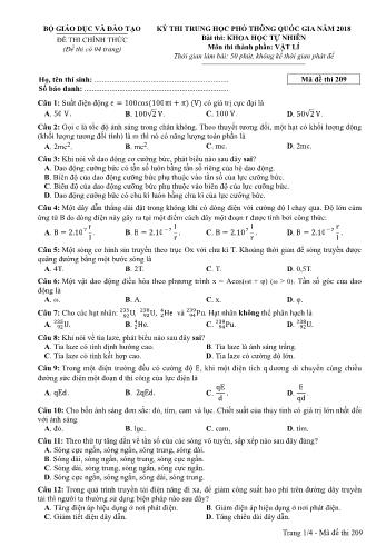 Kỳ thi THPT Quốc gia năm 2018 Khoa học tự nhiên - Phần: Vật lí - Mã đề: 209 (Có đáp án)