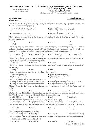 Kỳ thi THPT Quốc gia năm 2018 Khoa học tự nhiên - Phần: Vật lí - Mã đề: 213 (Có đáp án)