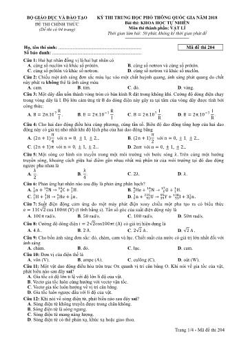 Kỳ thi THPT Quốc gia năm 2018 Khoa học tự nhiên - Phần: Vật lí - Mã đề: 204 (Có đáp án)