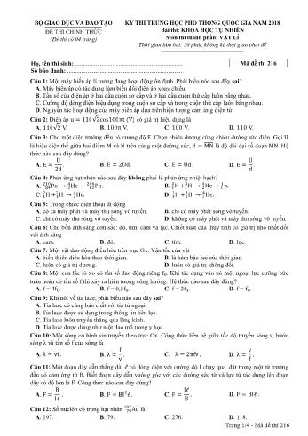 Kỳ thi THPT Quốc gia năm 2018 Khoa học tự nhiên - Phần: Vật lí - Mã đề: 216 (Có đáp án)