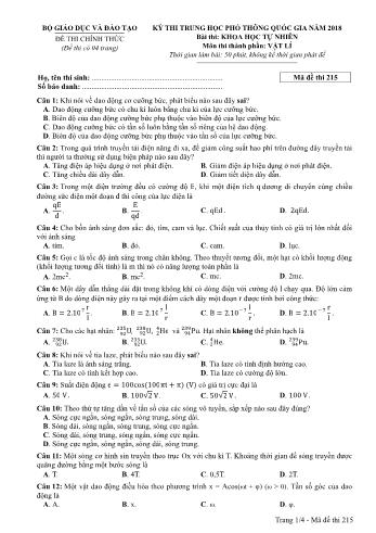 Kỳ thi THPT Quốc gia năm 2018 Khoa học tự nhiên - Phần: Vật lí - Mã đề: 215 (Có đáp án)