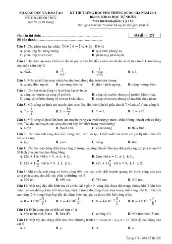Kỳ thi THPT Quốc gia năm 2018 Khoa học tự nhiên - Phần: Vật lí - Mã đề: 221 (Có đáp án)