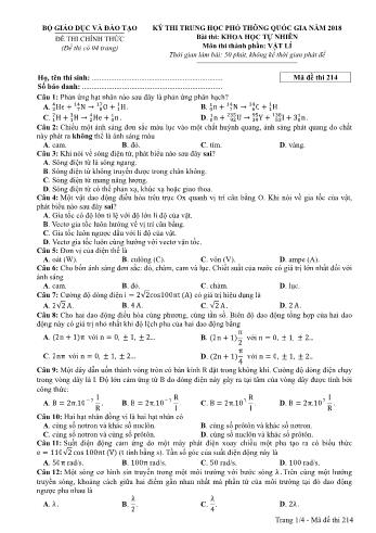 Kỳ thi THPT Quốc gia năm 2018 Khoa học tự nhiên - Phần: Vật lí - Mã đề: 214 (Có đáp án)