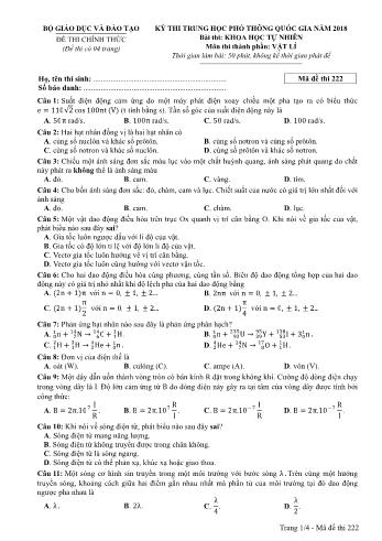 Kỳ thi THPT Quốc gia năm 2018 Khoa học tự nhiên - Phần: Vật lí - Mã đề: 222 (Có đáp án)