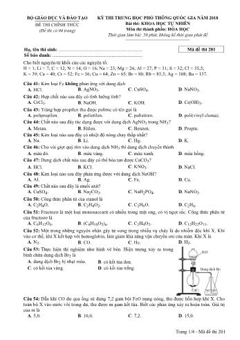 Kỳ thi THPT Quốc gia năm 2018 môn Khoa học tự nhiên - Phần: Hóa học - Mã đề: 201 (Có đáp án)