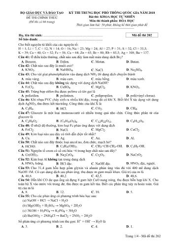 Kỳ thi THPT Quốc gia năm 2018 môn Khoa học tự nhiên - Phần: Hóa học - Mã đề: 202 (Có đáp án)