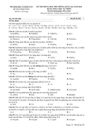 Kỳ thi THPT Quốc gia năm 2018 môn Khoa học tự nhiên - Phần: Hóa học - Mã đề: 203 (Có đáp án)