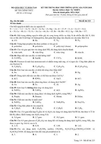 Kỳ thi THPT Quốc gia năm 2018 môn Khoa học tự nhiên - Phần: Hóa học - Mã đề: 223 (Có đáp án)