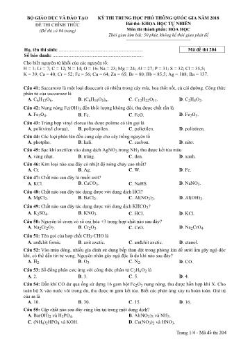 Kỳ thi THPT Quốc gia năm 2018 môn Khoa học tự nhiên - Phần: Hóa học - Mã đề: 204 (Có đáp án)