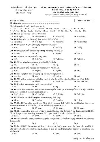 Kỳ thi THPT Quốc gia năm 2018 môn Khoa học tự nhiên - Phần: Hóa học - Mã đề: 205 (Có đáp án)