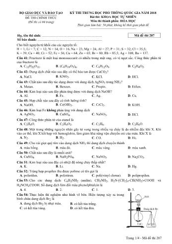 Kỳ thi THPT Quốc gia năm 2018 môn Khoa học tự nhiên - Phần: Hóa học - Mã đề: 207 (Có đáp án)