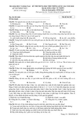 Kỳ thi THPT Quốc gia năm 2018 môn Khoa học tự nhiên - Phần: Sinh học - Mã đề: 203 (Có đáp án)