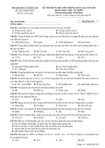 Kỳ thi THPT Quốc gia năm 2018 môn Khoa học tự nhiên - Phần: Sinh học - Mã đề: 216 (Có đáp án)