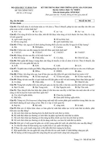 Kỳ thi THPT Quốc gia năm 2018 môn Khoa học tự nhiên - Phần: Sinh học - Mã đề: 204 (Có đáp án)