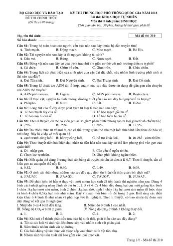 Kỳ thi THPT Quốc gia năm 2018 môn Khoa học tự nhiên - Phần: Sinh học - Mã đề: 210 (Có đáp án)